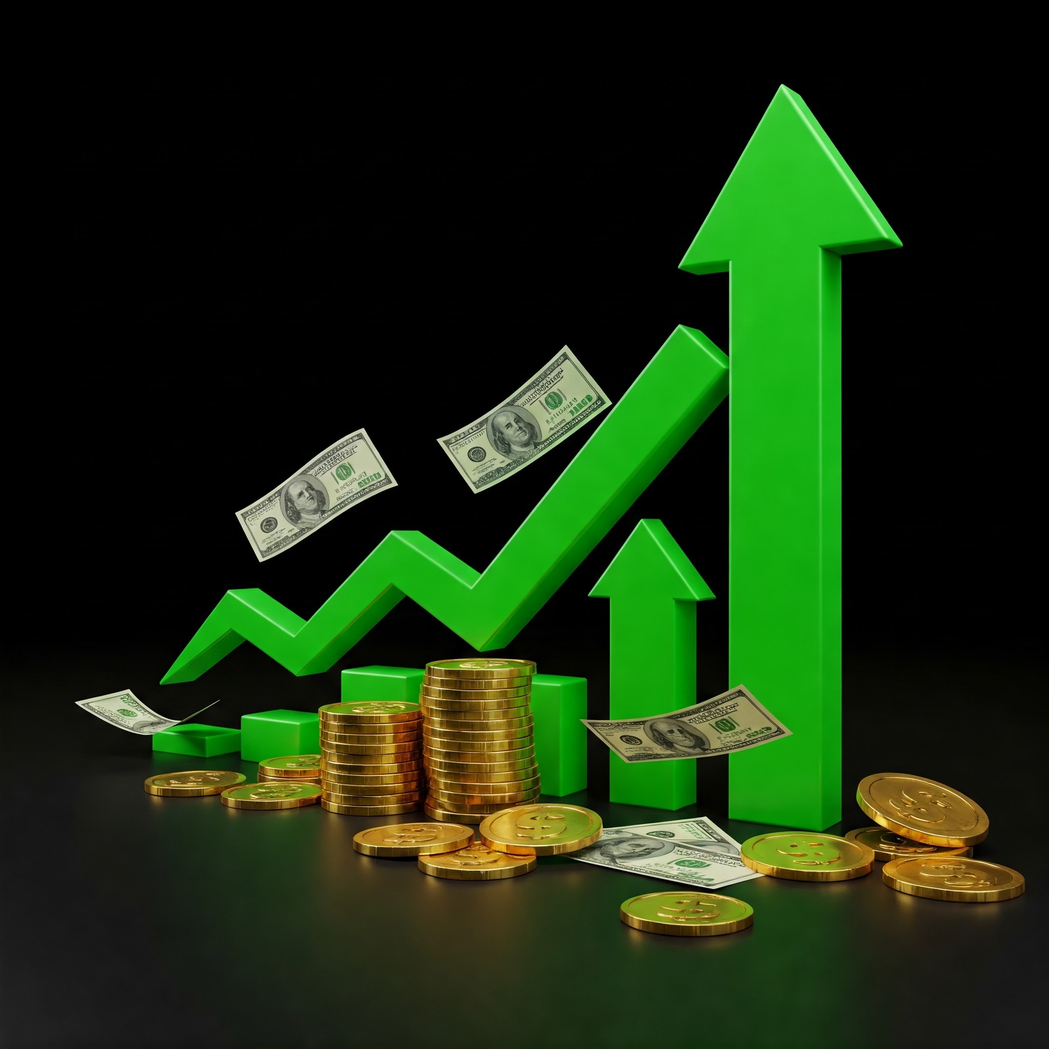 photo of Green Growth Arrows with Coins and Bills on Black
